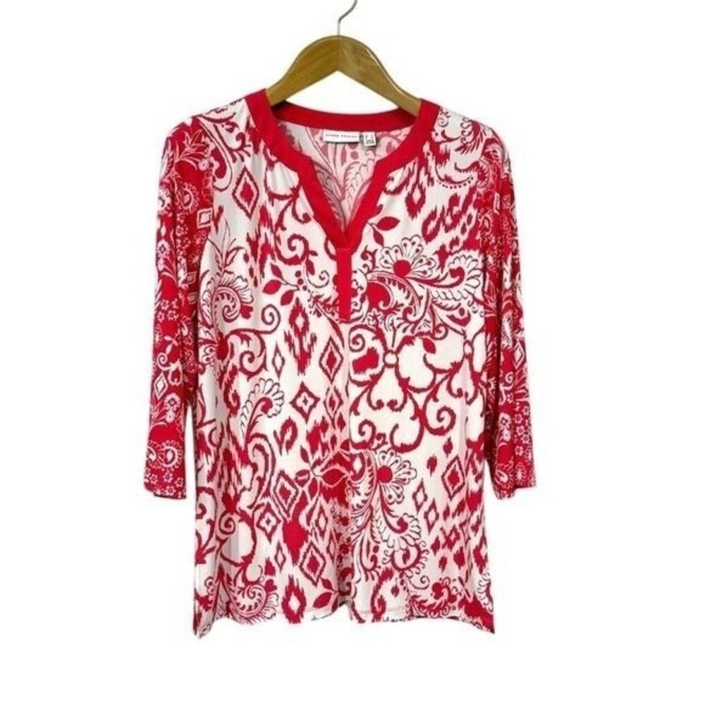 Susan‎ Graver Womens Pink Ikat Tunic 3/4 Sleeve Blouse L Bold Casual Vacation